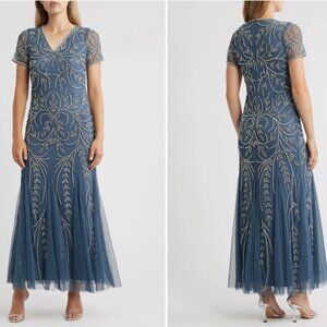 Pisarro Nights Beaded Mesh Column Dress slate grey sz 16W